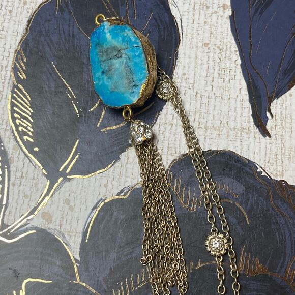 Estate Blue Dyed Quartz Pendant and Gold Tassel Chain Necklace D3 - Picture 6 of 9